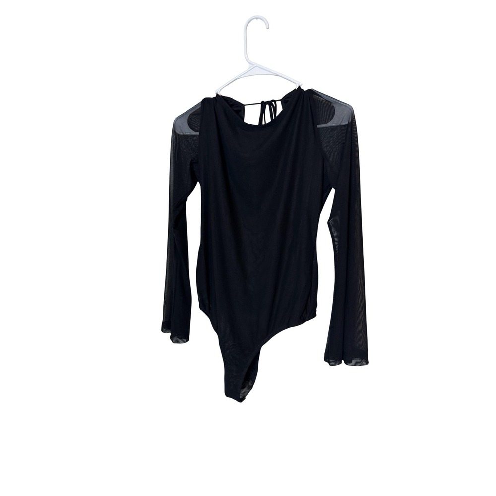 Princess Polly Bodysuit Womens 10 Black Mesh Sheer Long Sleeve Open Back Tie